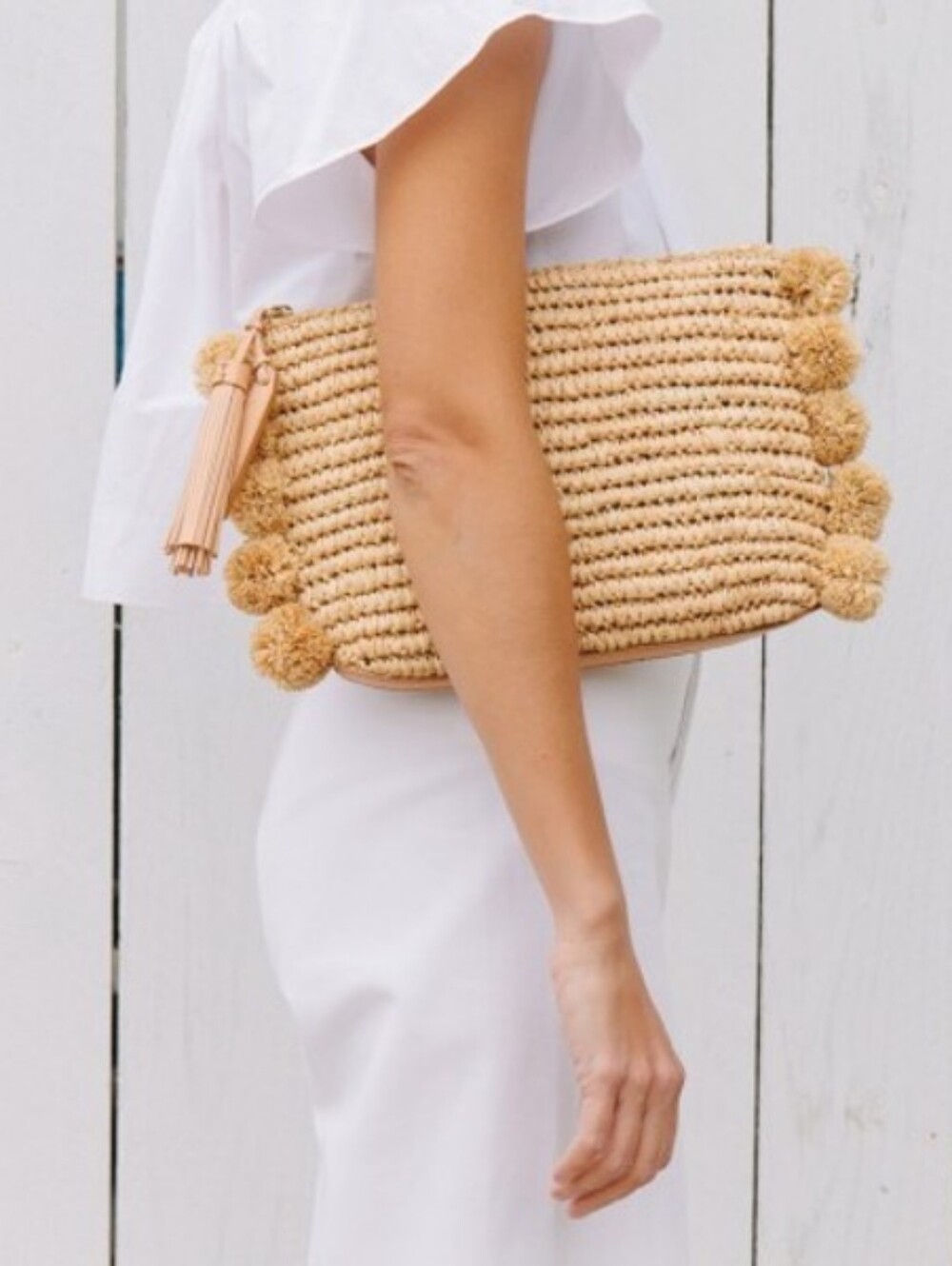 Loeffler Randall Woven Raffia Straw Pom Pom/Tassel Zip Bohemian Clutch Pouch